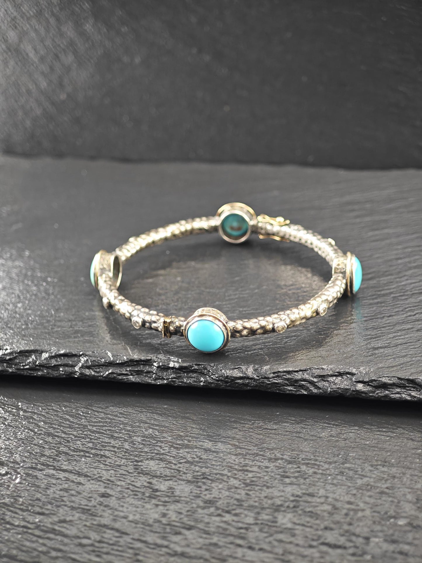 Brutalist Turquoise Diamond 18K Gold Accent Sterling Silver Bangle Bracelet