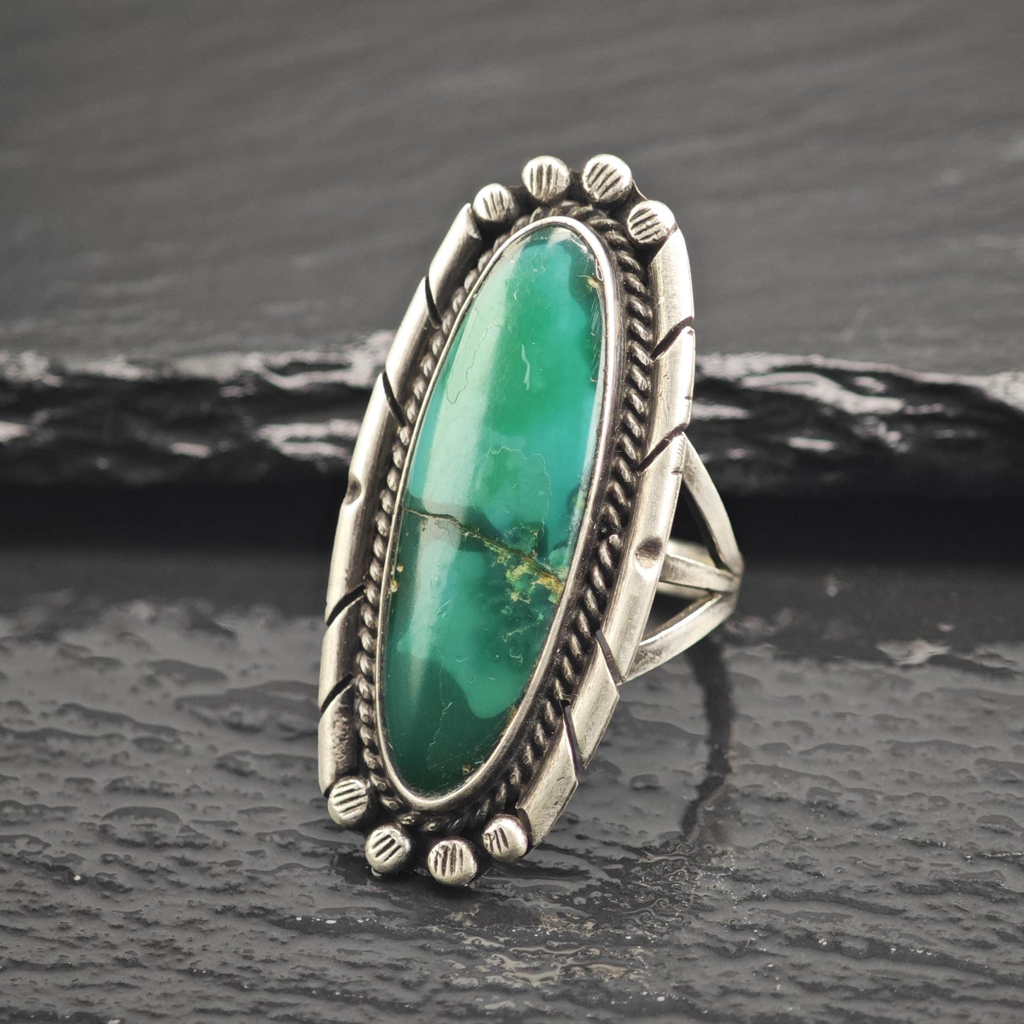Long Oval Green Turquoise Sterling Silver Ring Sz 6 3/4 R6669