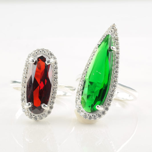 Vintage Sterling Silver Ring CZ Oval Red and Teardrop Green White Size 6-8