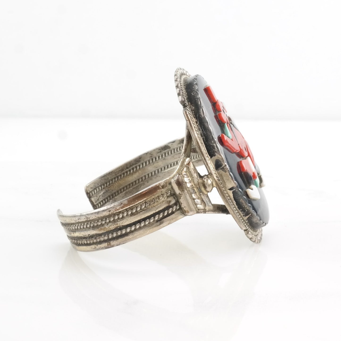 Coral Inlay Cuff Bracelet Native Zuni Sterling Silver Bev Etsate BR2464