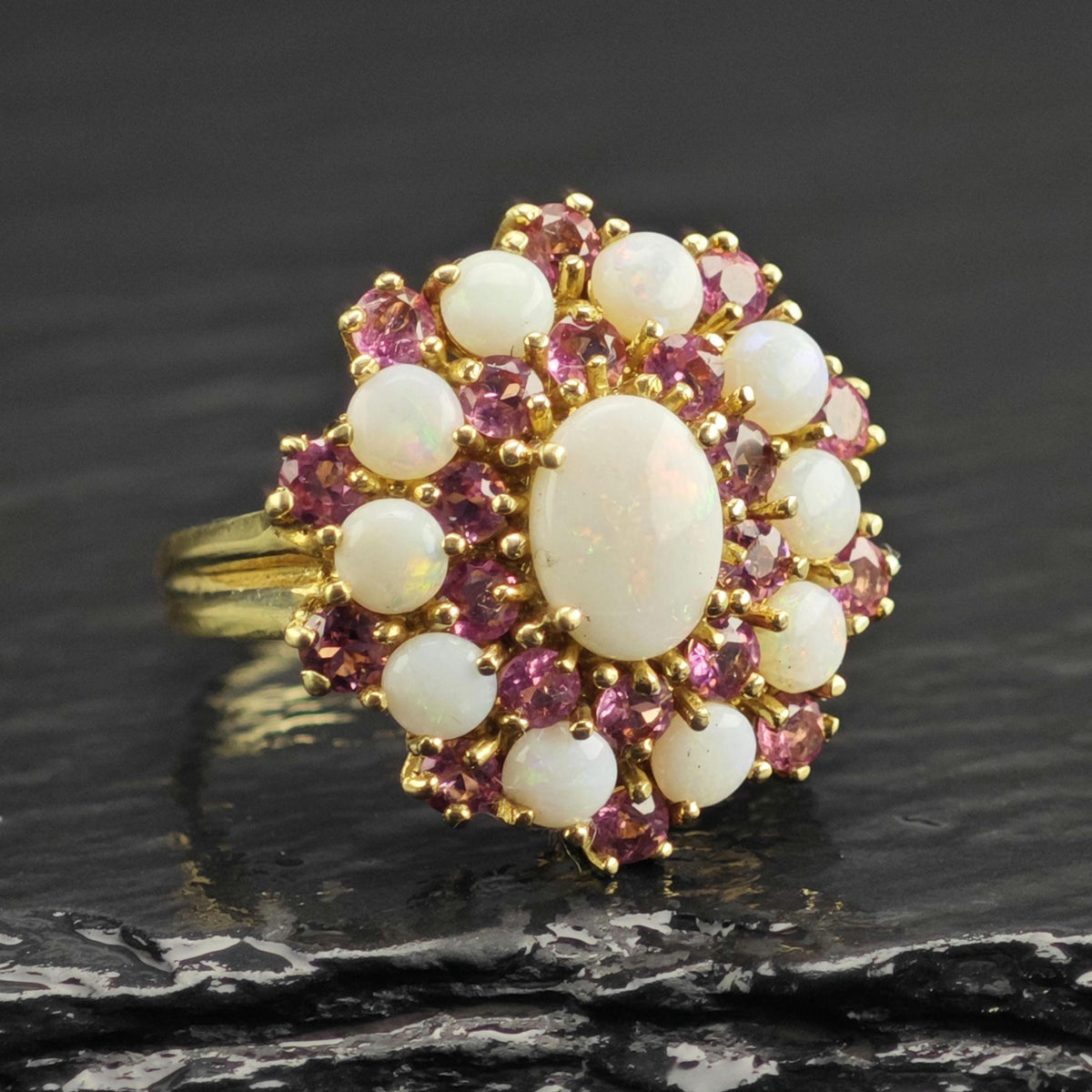 Natural Opal Pink Tourmaline Cluster 10K Gold Ring Sz 6 3/4 R6767