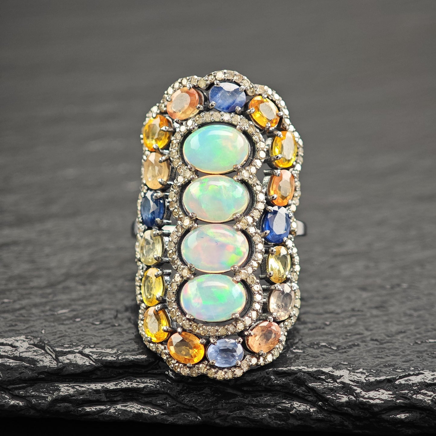 Oxidized Diamond, Opal, Sapphire Sterling Silver Ring R5799