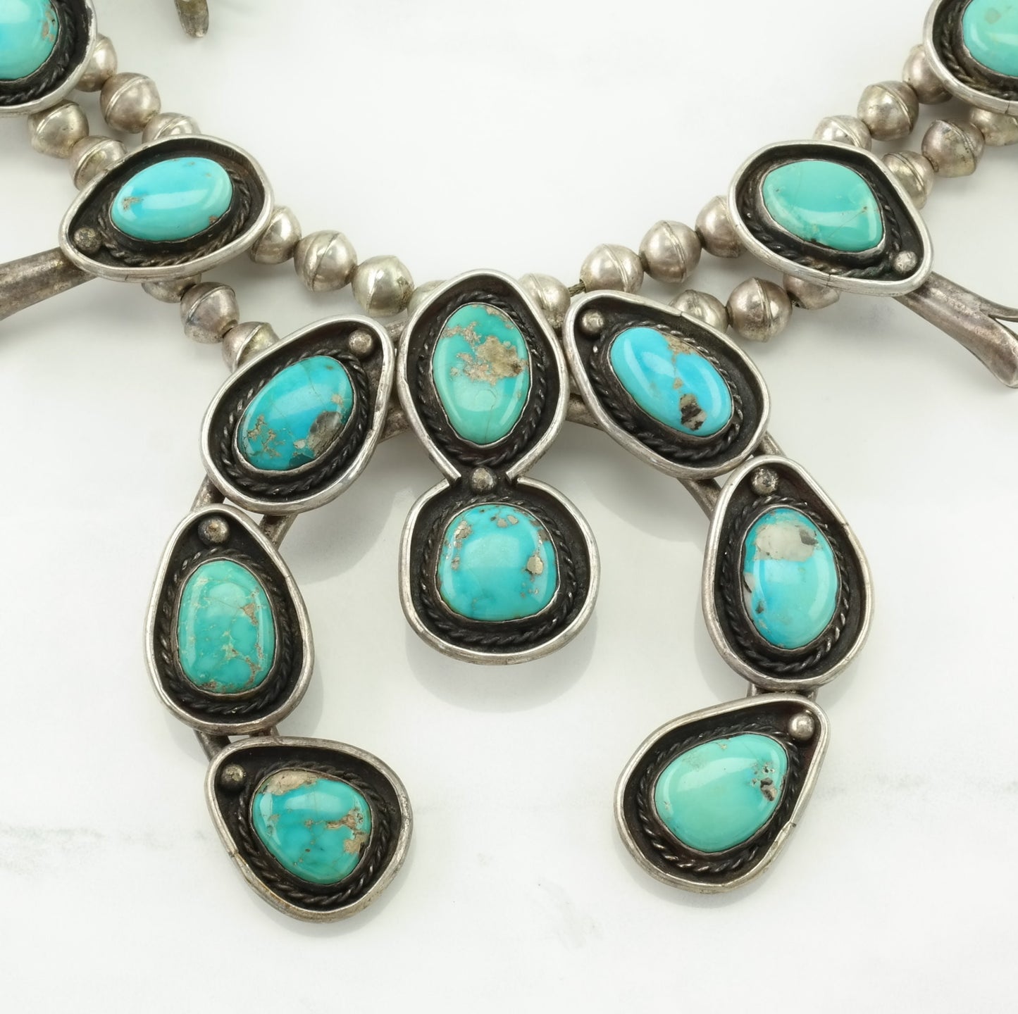 Vintage Native American Sterling Silver Blue Turquoise Squash Blossom Necklace