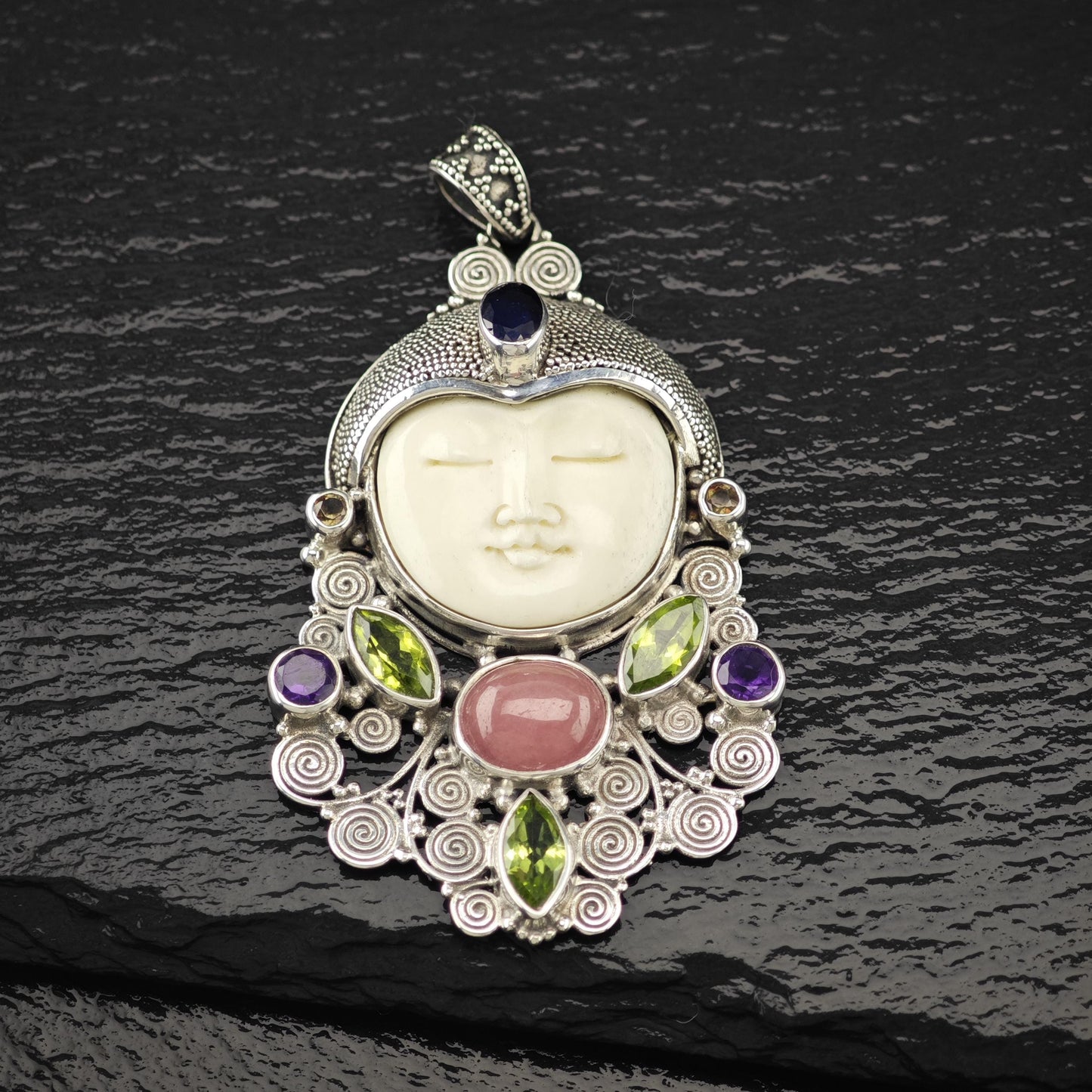 Carved Goddess Face Gemstones Pendant Sterling Silver P2806