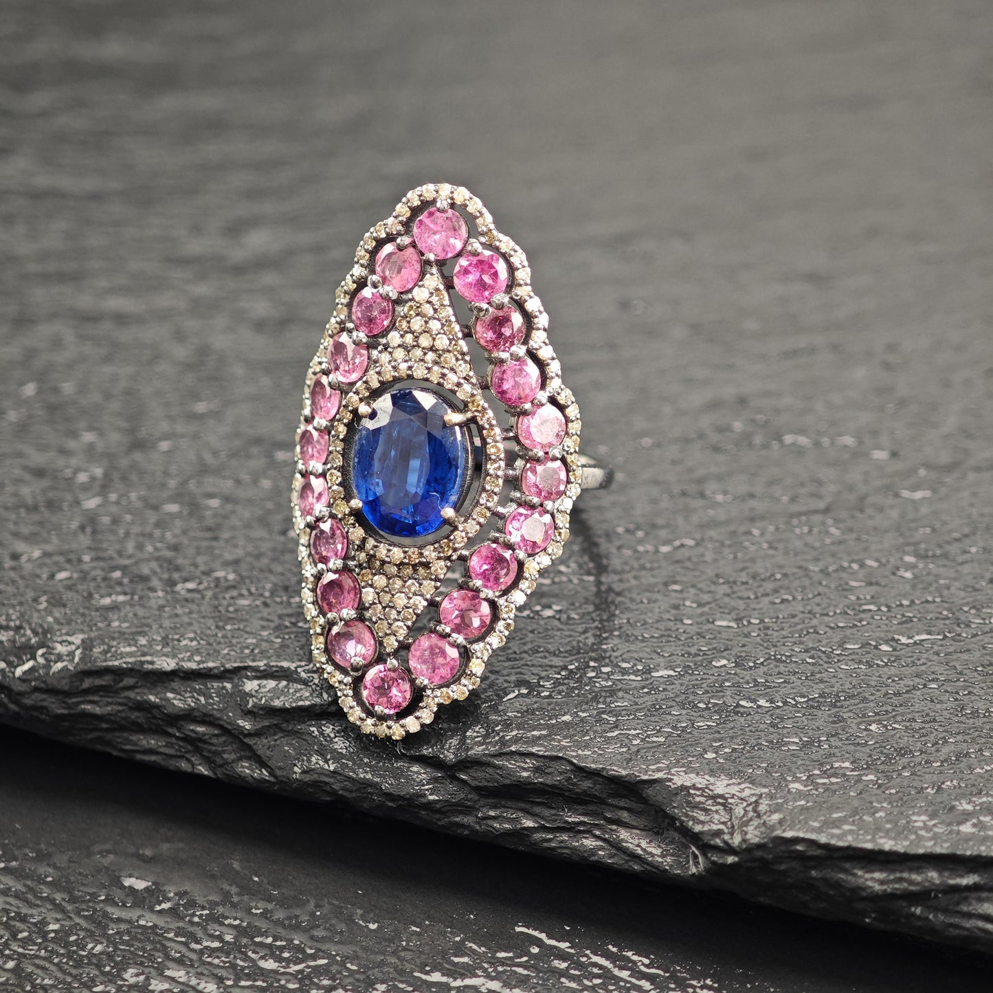 Oxidized Diamond, Sapphire, Tourmaline Ring Sterling Silver R5800