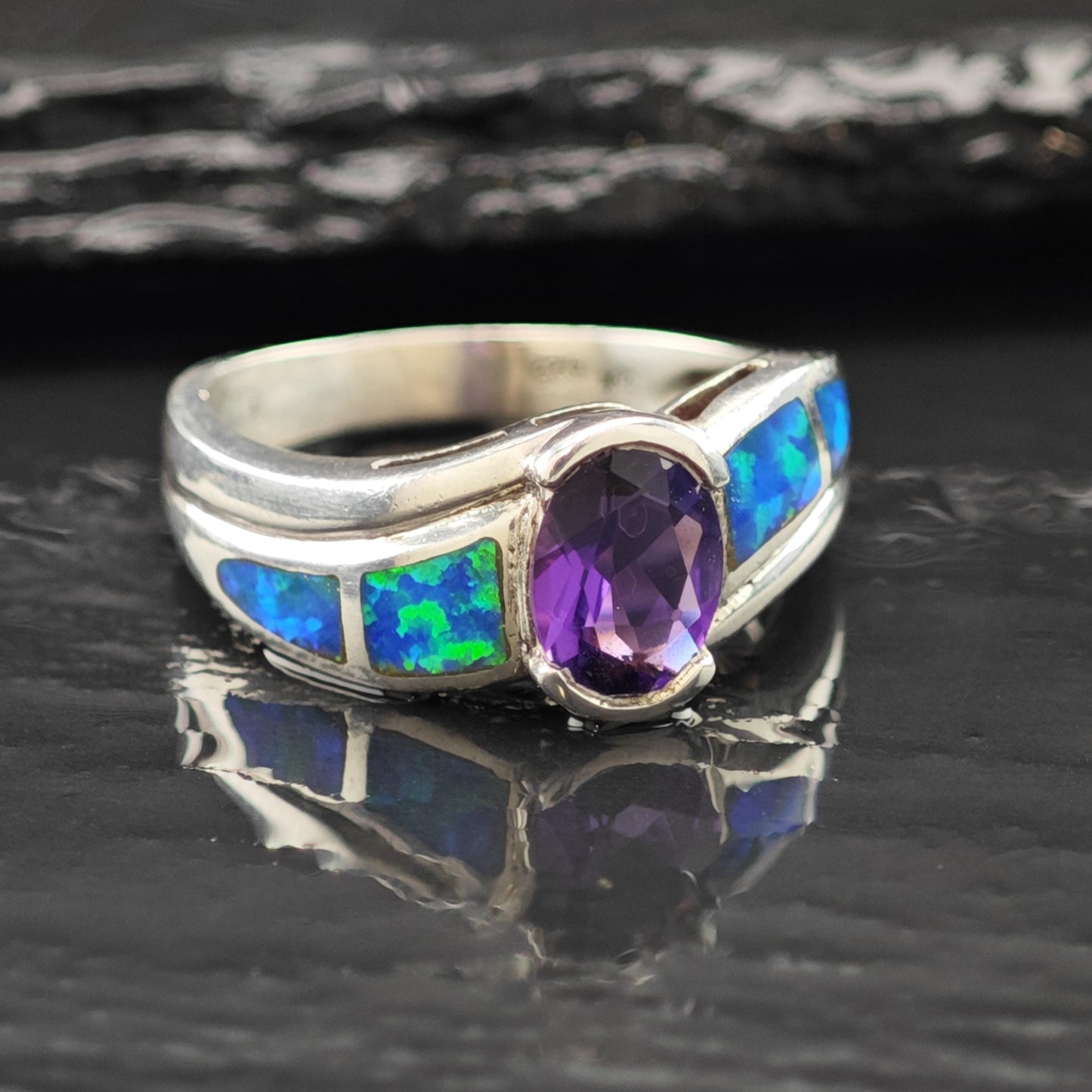 Lab Opal Inlay Amethyst Ring Sterling Silver Sz 8 R6221