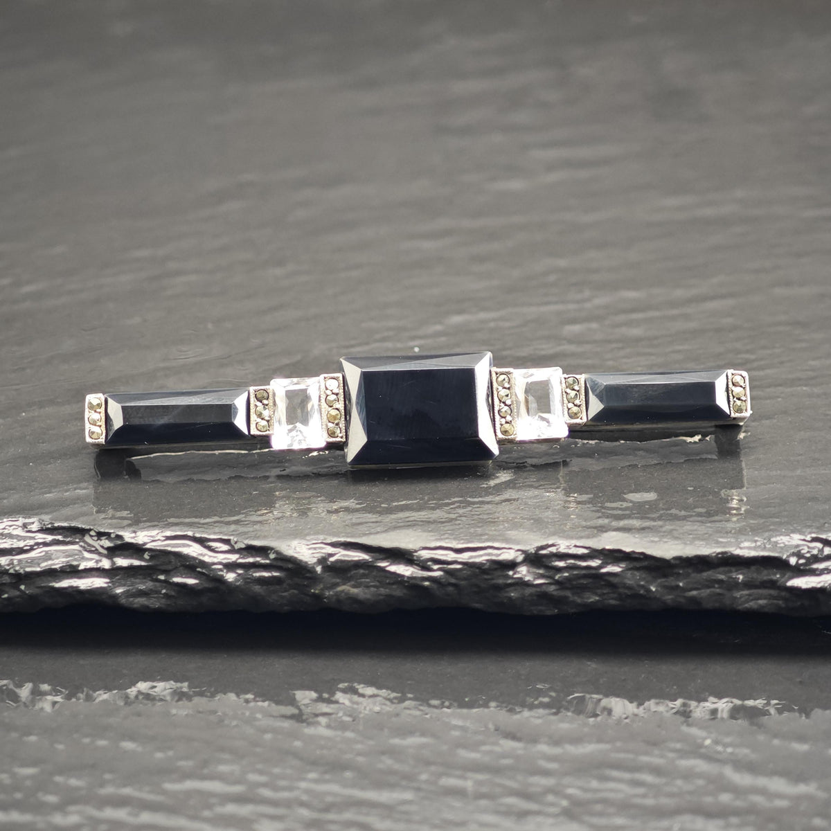 Art Deco Rock Crystal, Marcasite Onyx Sterling Silver Brooch B2255