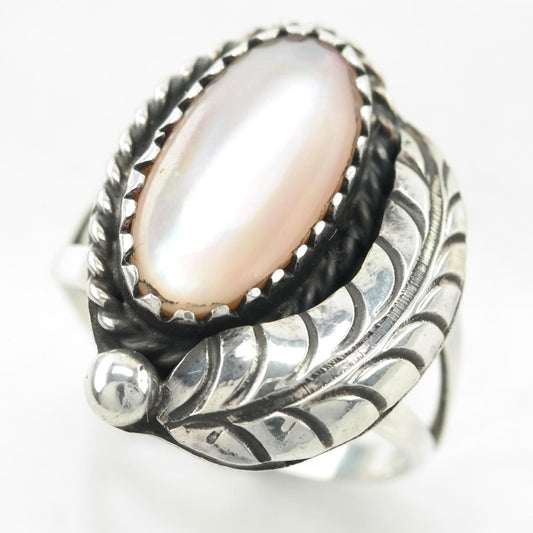 Native Silver Ring MOP Feather Sterling Pink Sz5 3/4 R5402