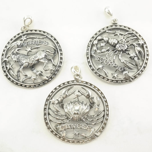 Vintage Art Nouveau Zodiac Aries, Cancer, Scorpio Sterling Silver Pendant