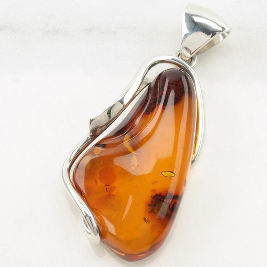 Vintage European Amber Modernist Sterling Silver Pendant