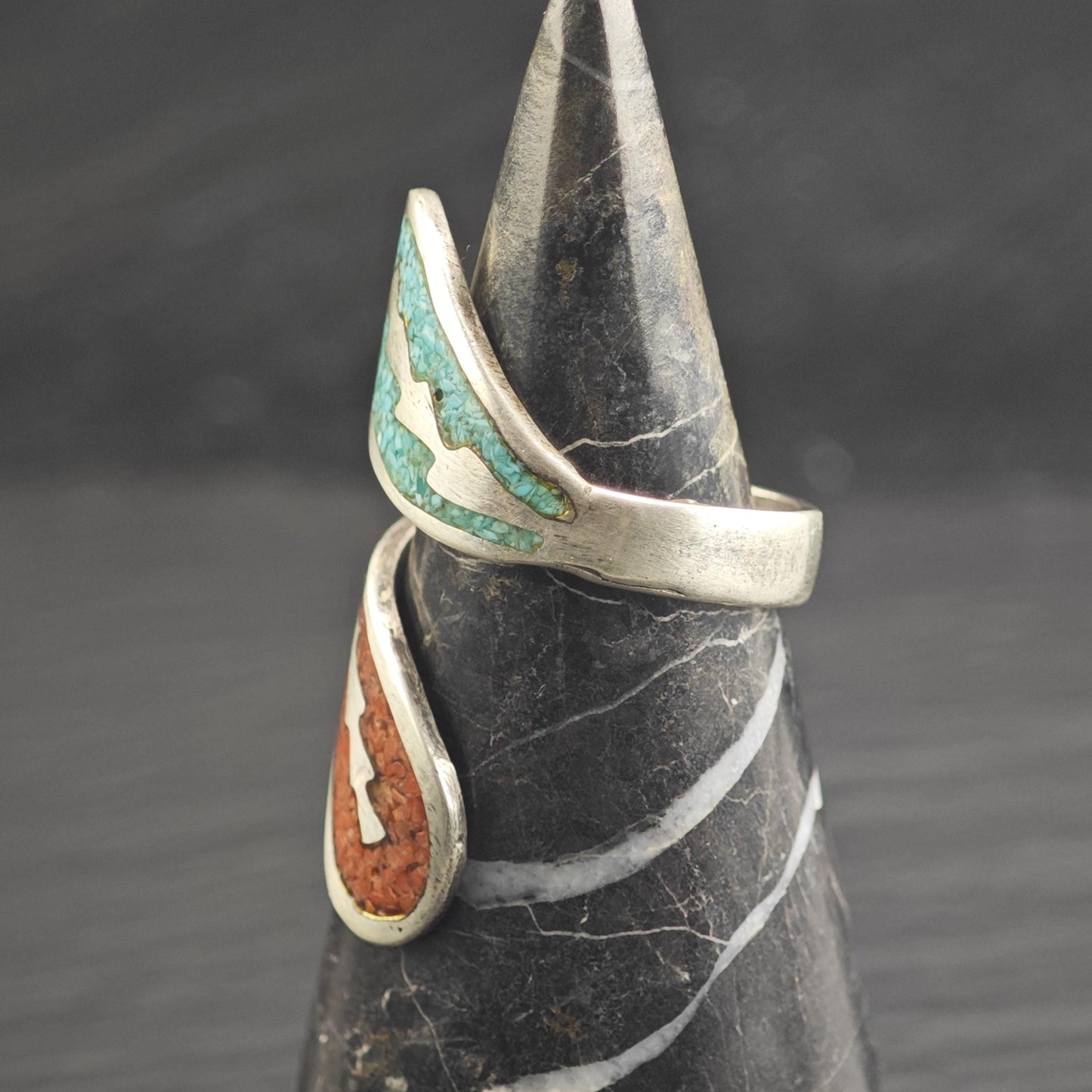 Native American Turquoise & Coral Inlay Bypass Sterling Silver Ring Sz 8 1/2 R6658