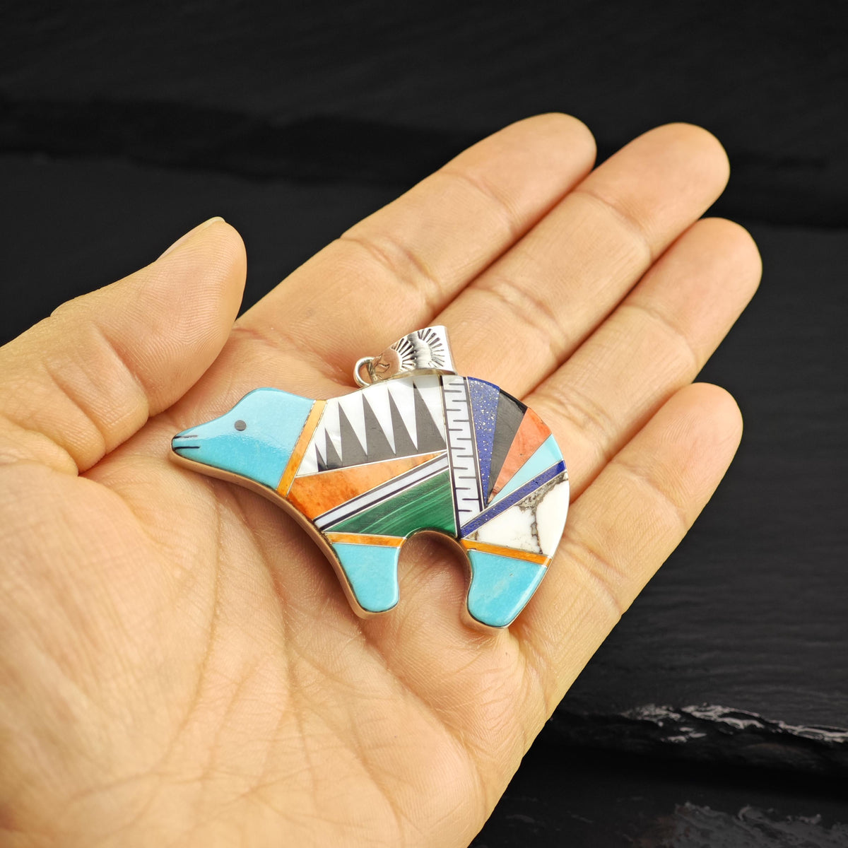 SW Multi-stone Inlay Bear Sterling Silver Pendant P3096