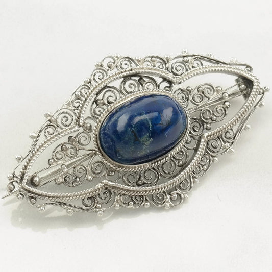 Italian Sterling Silver Brooch Filigree Lapis Lazuli