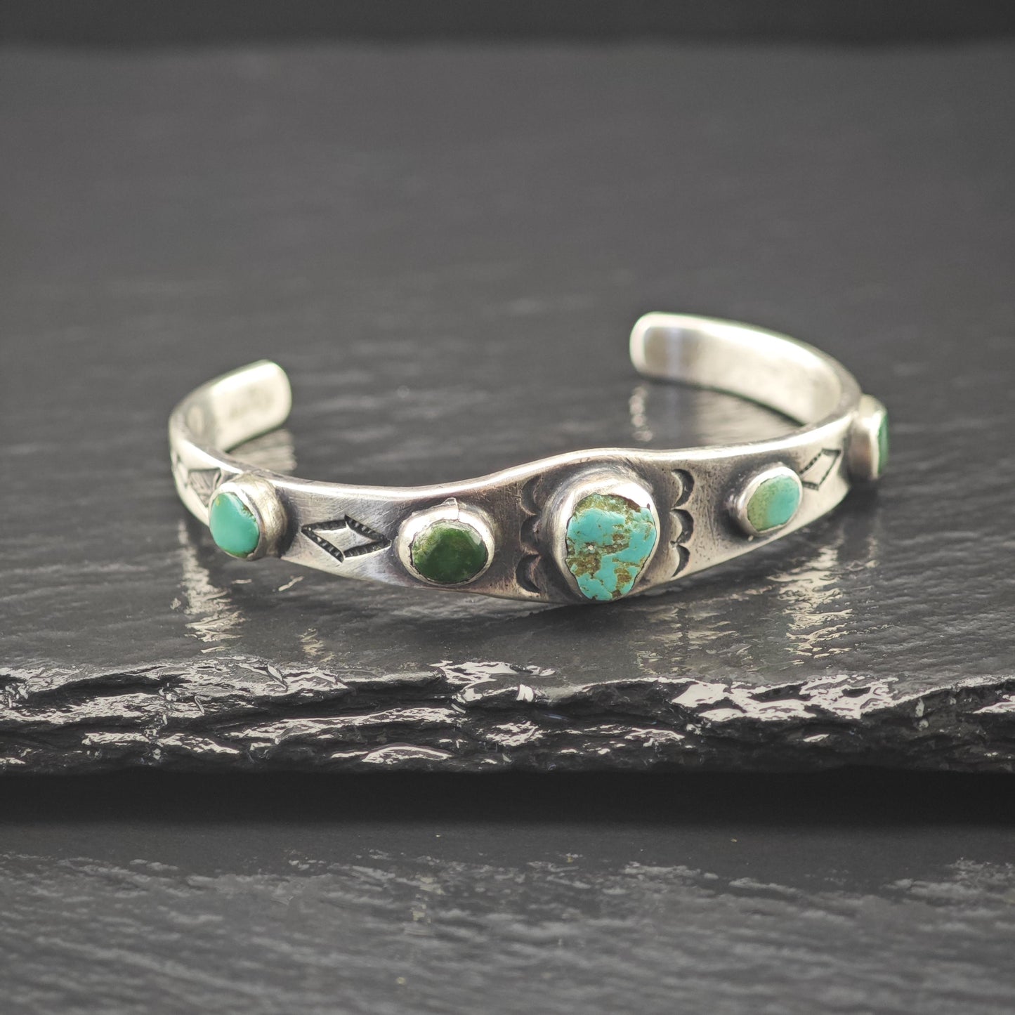 Early 1930's Ingot Silver Child Cuff Bracelet Native American Green Turquoise