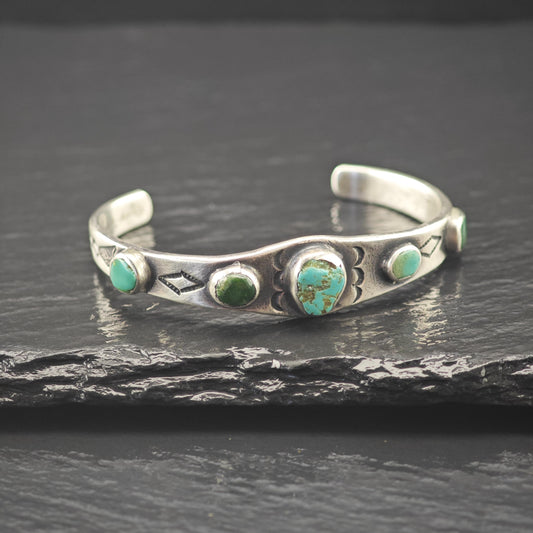 Early 1930's Ingot Silver Child Cuff Bracelet Native American Green Turquoise