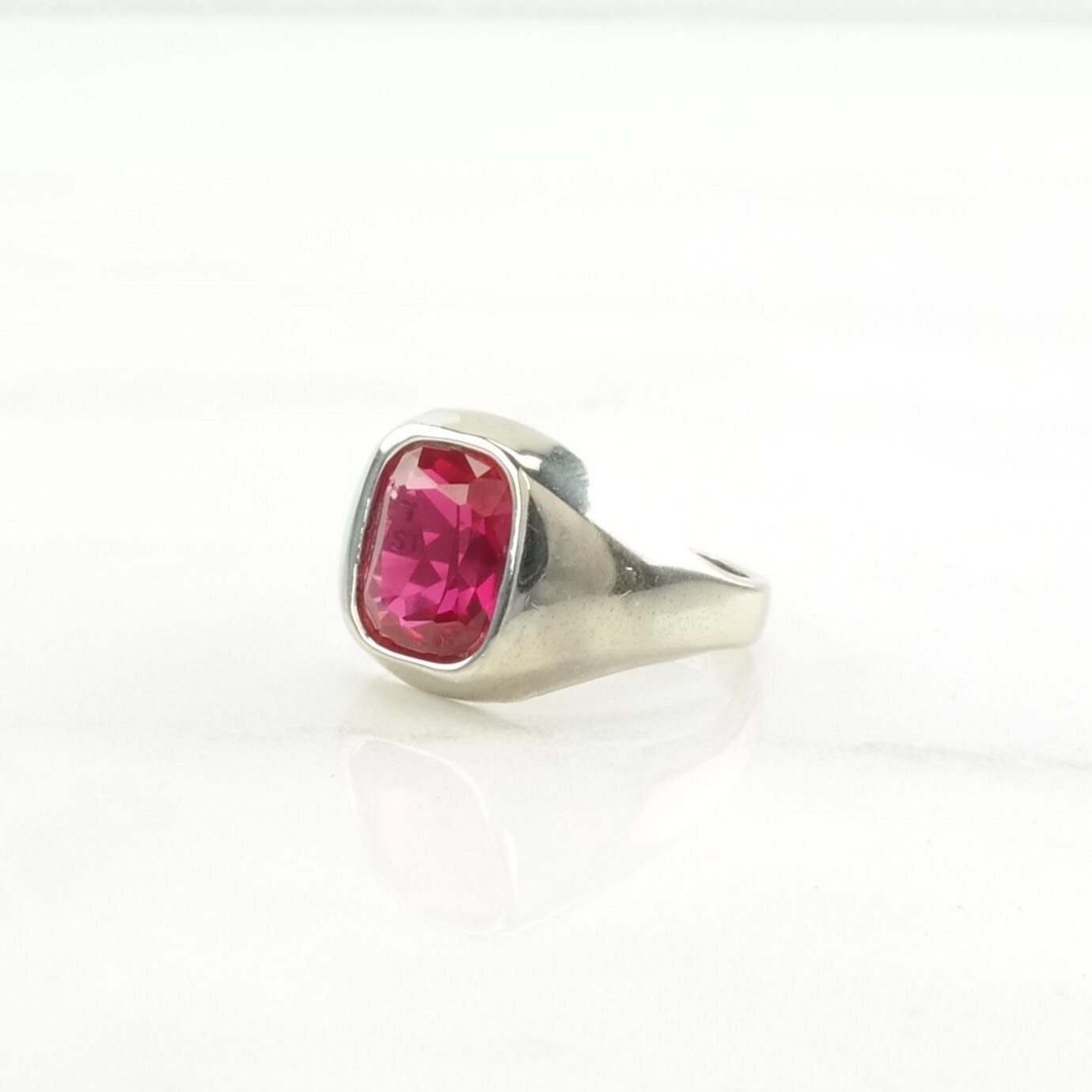 Art Deco Style, Pinky Ring Silver Ring Created Ruby Modernist Sterling Pink Size 6 1/2