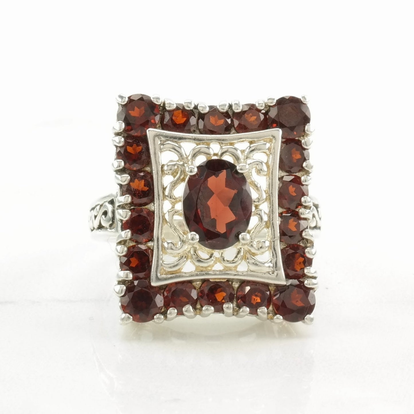 Art Deco Style Sterling Silver Ring, Garnet Filigree Red Size 9