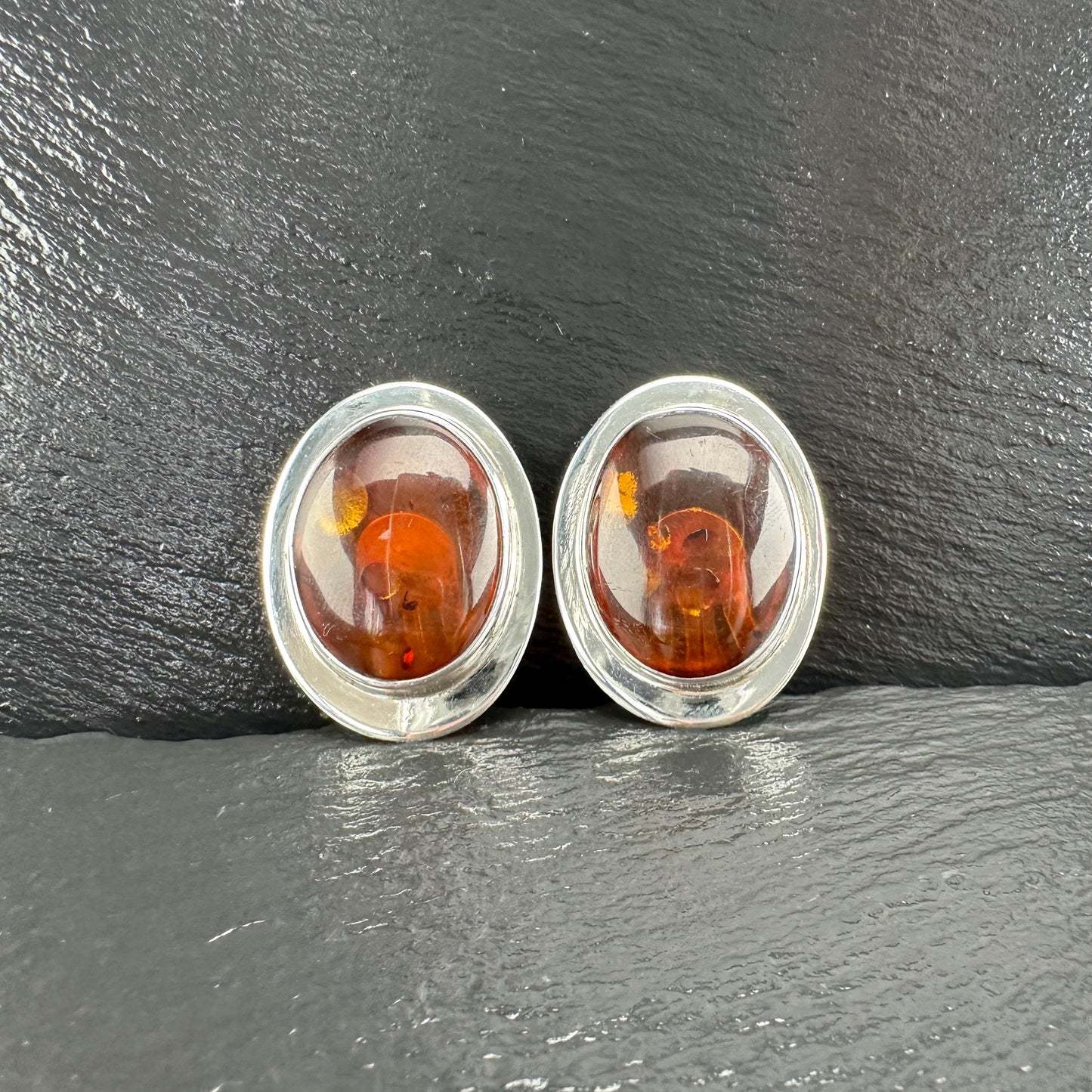Large Modernist Amber Sterling Silver Clip On Earrings