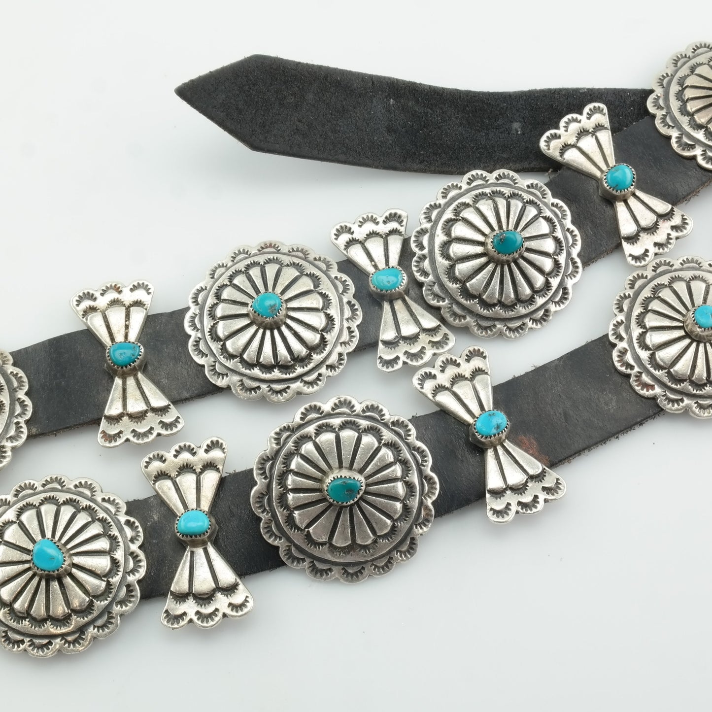 Native American Sterling Silver Leather Bow Turquoise Belt