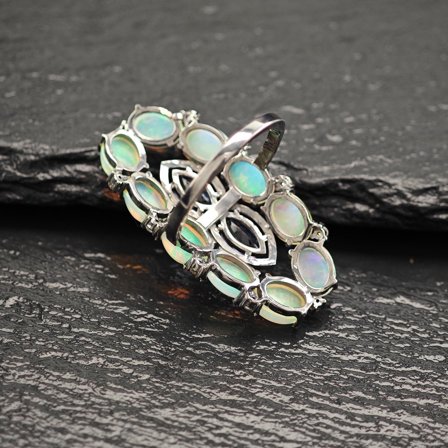 Oxidized Sterling Silver Ring with Diamond Tanzanite Opal