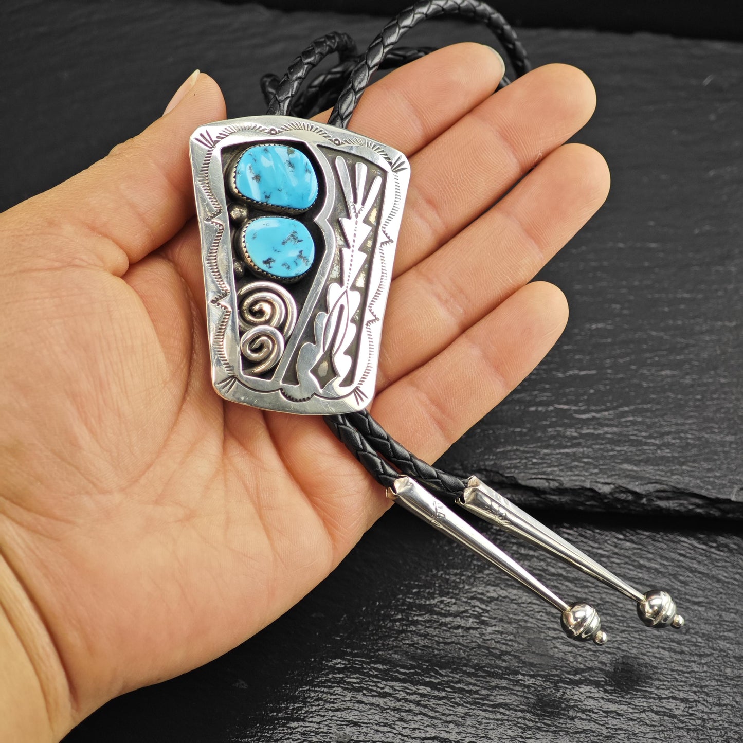 Vintage Native American Sterling Silver Sleeping Beauty Turquoise Shadow Box Bolo Tie Necklace N2747