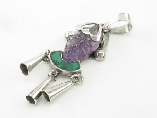 Vintage Taxo Amethyst Malachite Carved Mayan Face Sterling Silver Pendant