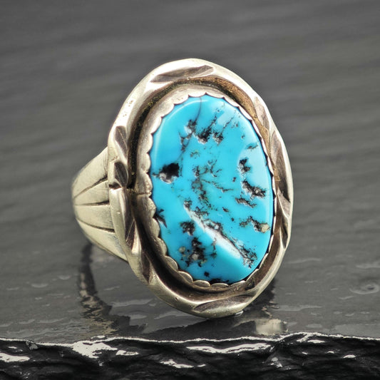 Vintage Native American Oval Turquoise Sterling Silver Ring Sz 11 1/2 R6629