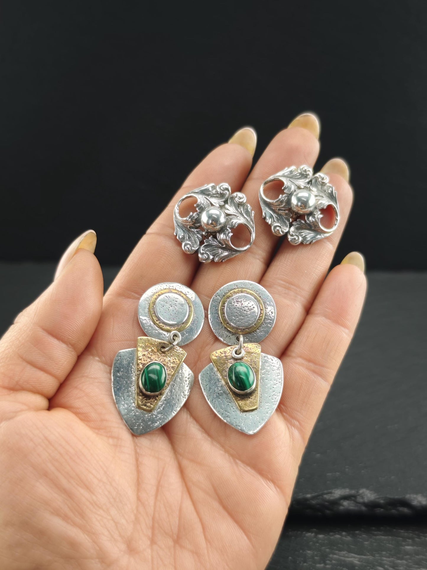 Vintage Sterling Silver Cini Floral Clip-On Earrings Art Nouveau Style