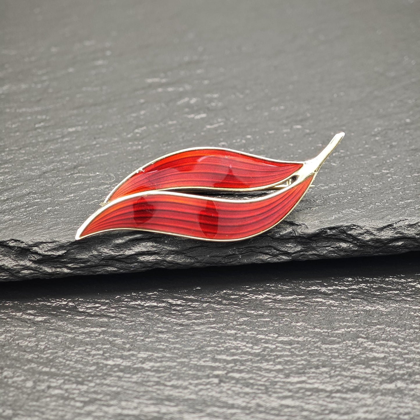 As Is Norway, Aksel Holmsen Floral Red, Gold Enamel Brooch Sterling Silver