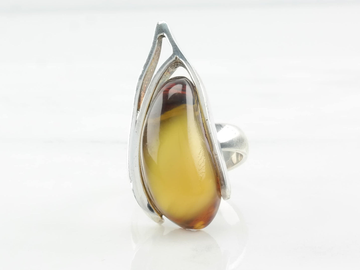 Sterling Silver Amber Ring Modernist Abstract Size 7