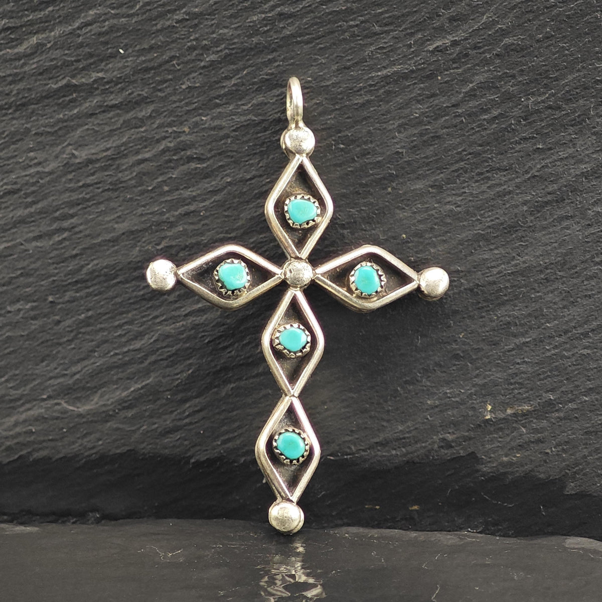 Reversible Zuni Turquoise, Coral Cross Sterling Silver Pendant P3143