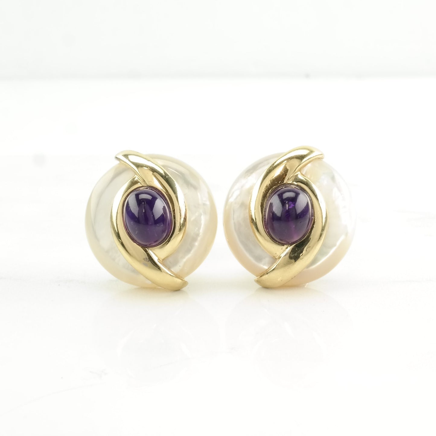 Vintage Sterling Silver Omega back Earrings Purple Amethyst, MOP Gold Toned Accents