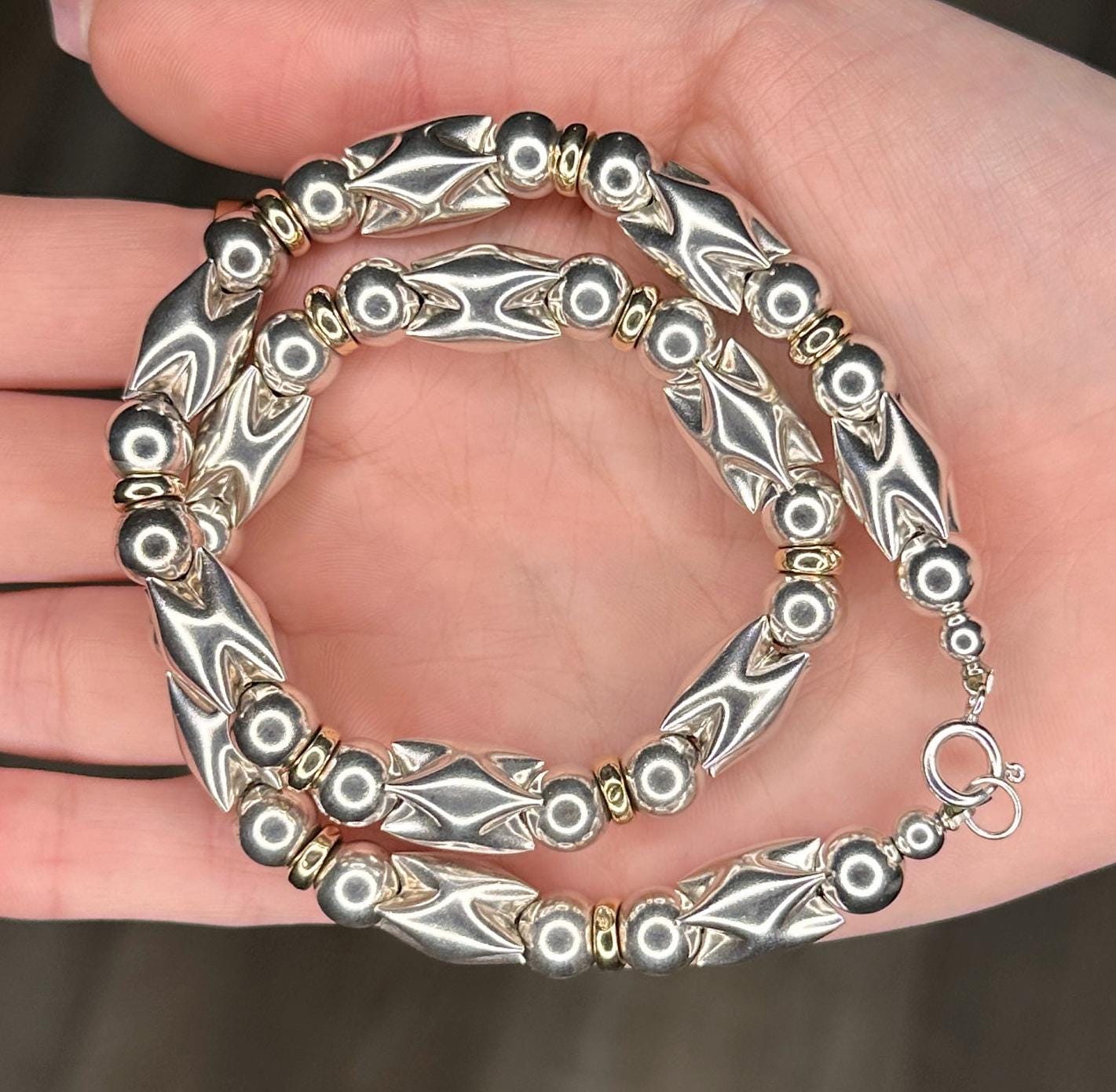 Sterling Silver Silver & Gold Color Gold Fill Bead Necklace N1540