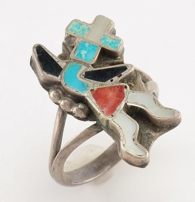 Native American Silver Ring Turquoise, Coral, Jet, MOP Inlay, Raindancer Sterling Size 5