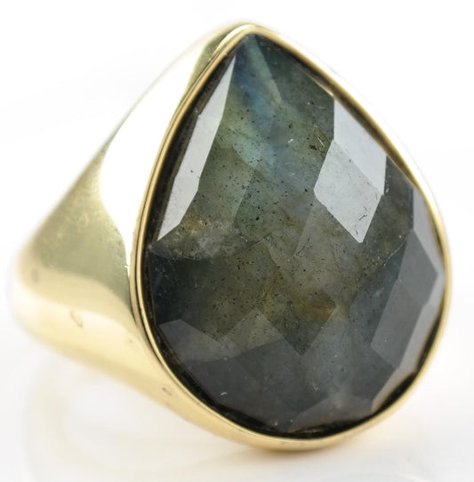 Vintage Sterling Silver Ring Labradorite Gold Plated Checkerboard Cut Blue Size 7