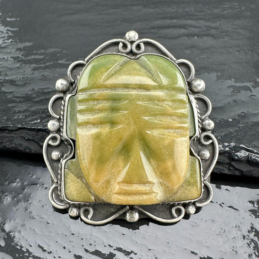Vintage Green Tribal Mask Brooch Carved Jade Onyx in Sterling Silver