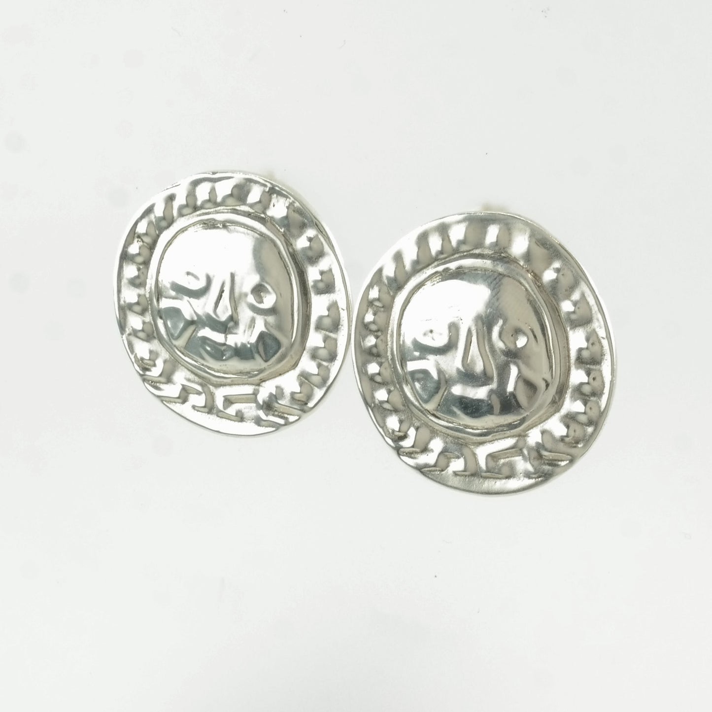 Studio Style Sterling Silver Stamped Face Earrings Stud