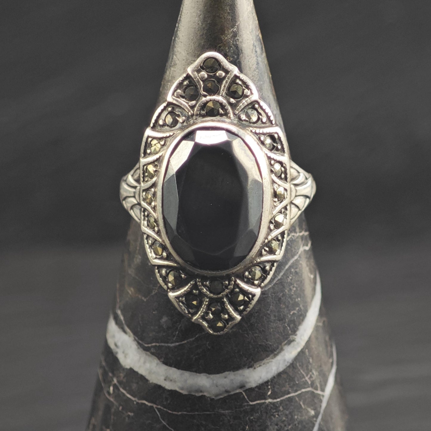 Art Deco Hematite Marcasite Sterling Silver Ring Sz 7 R6676
