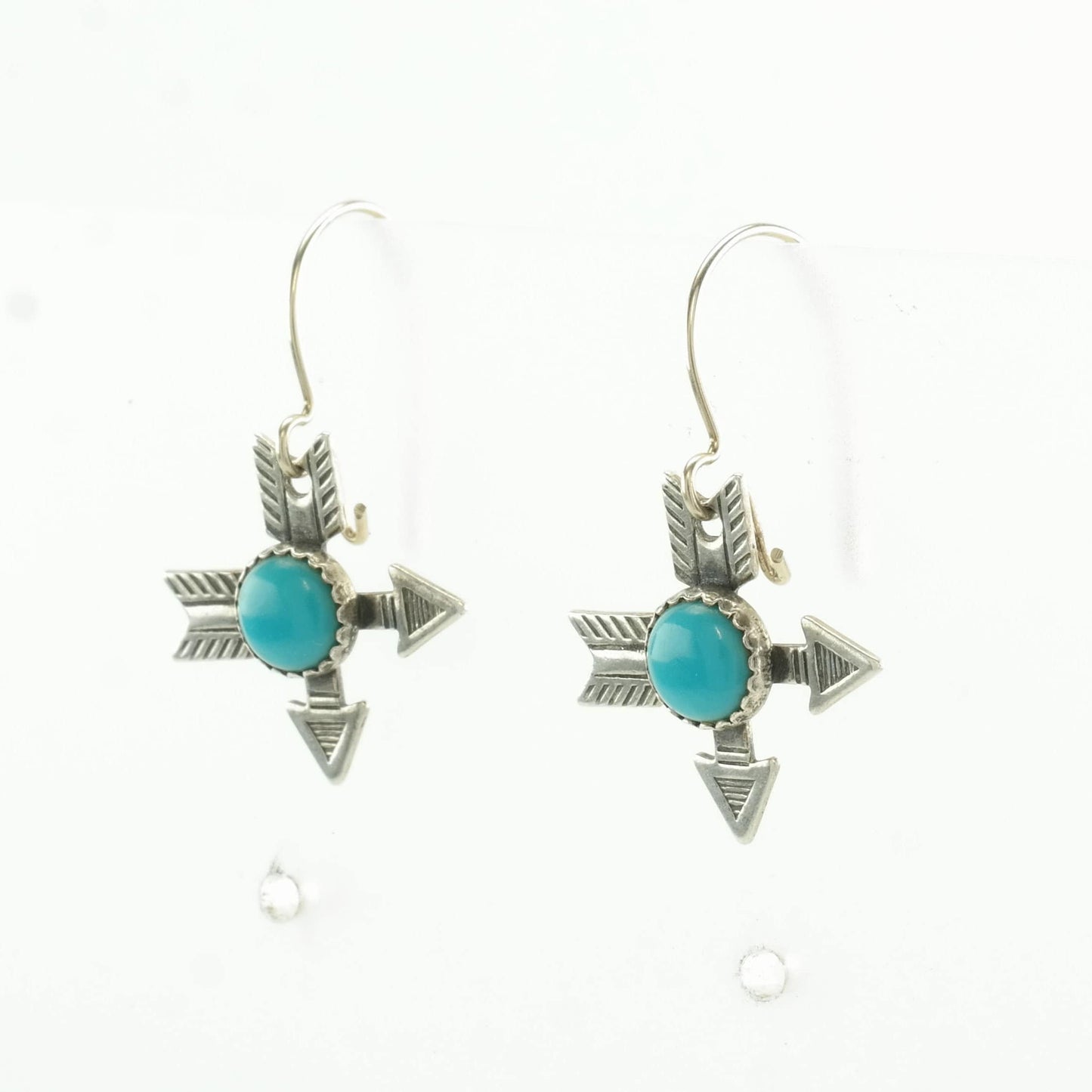 Fred Harvey Era Sterling Silver Blue Block Turquoise Arrow Earrings Fish Hook, Dangle