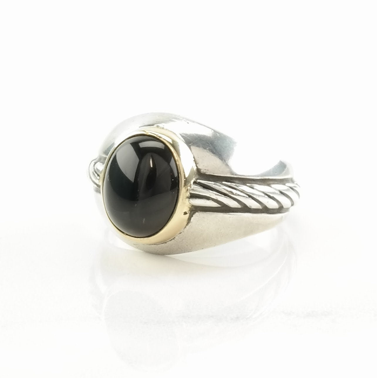 FM Silver Ring Onyx 14K Gold Bezel Sterling Black Size 10