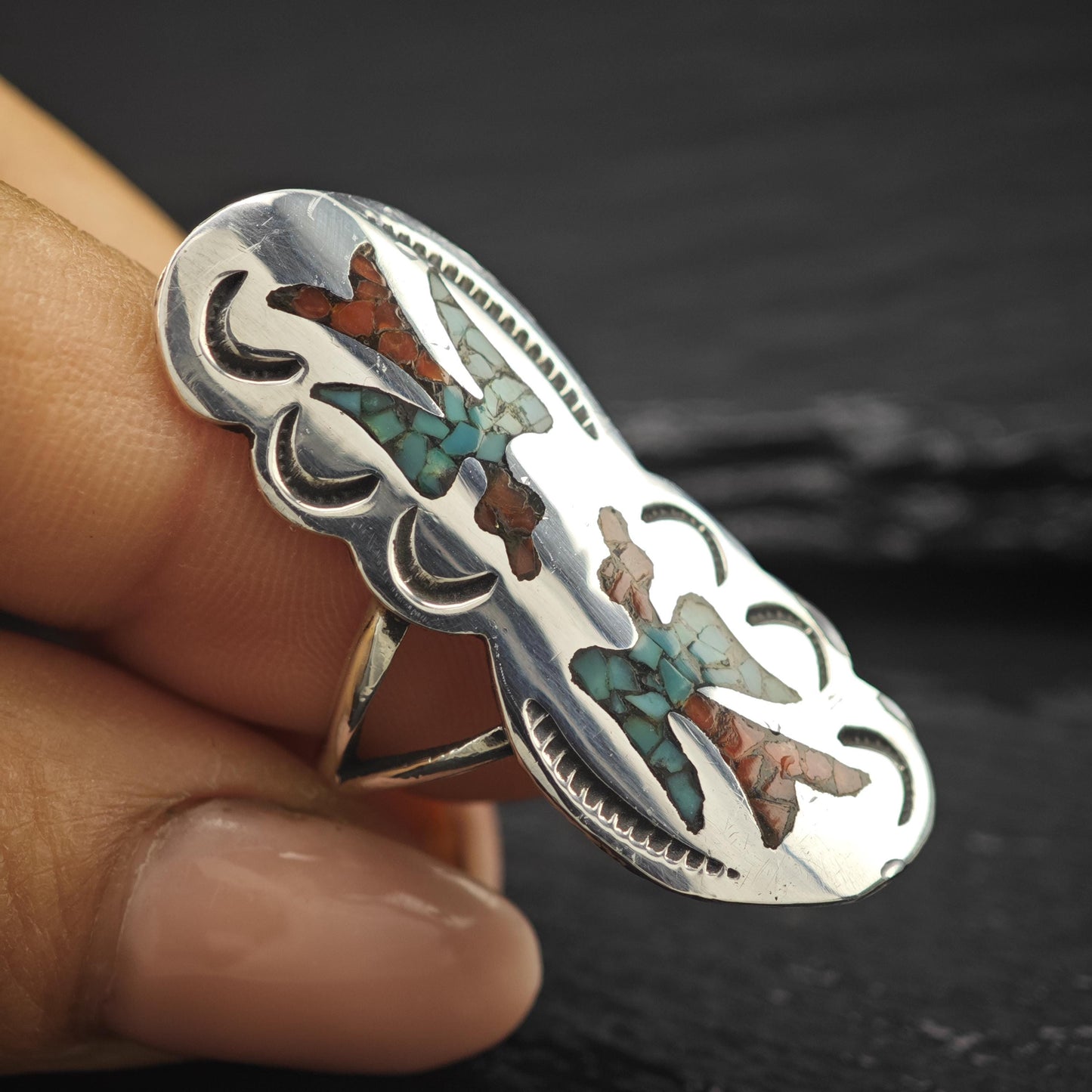 Native American Turquoise Coral Inlay Ring Sterling Silver
