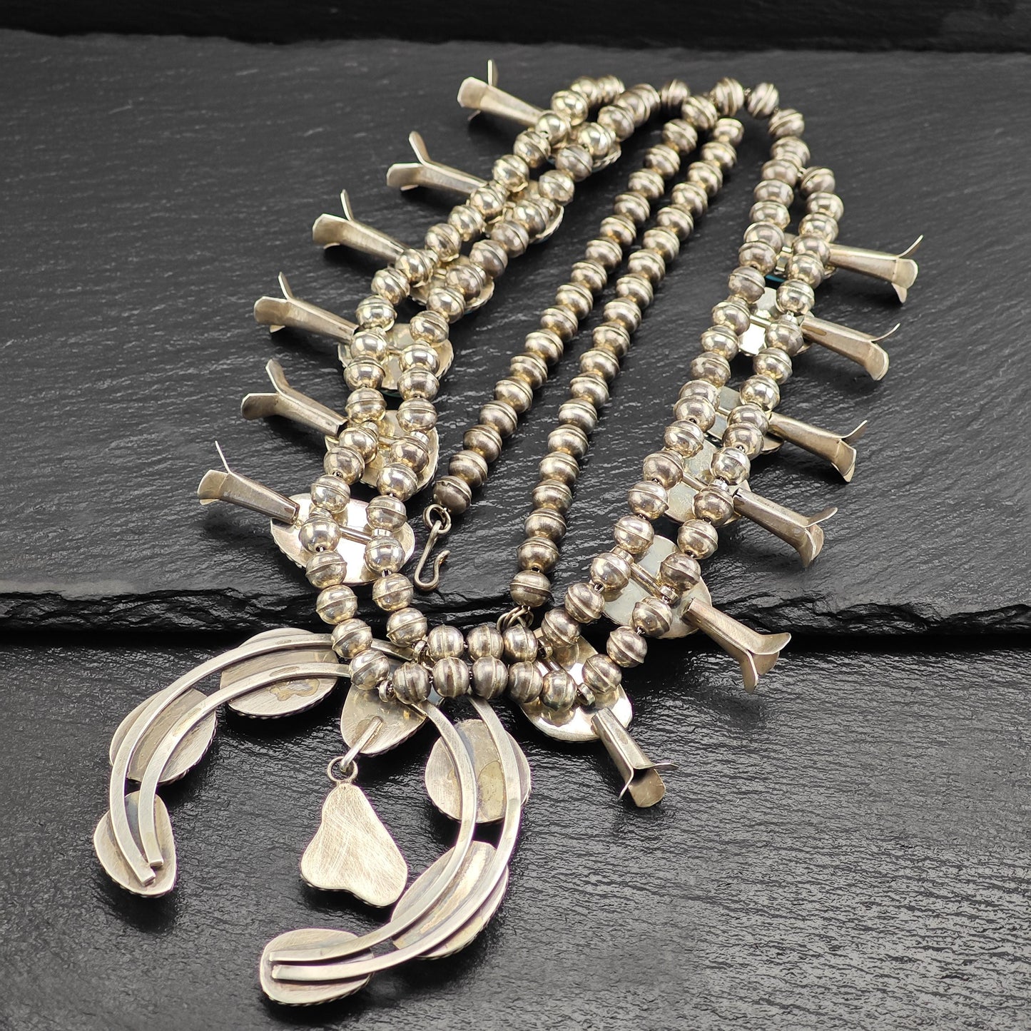 Native American Sleeping Beauty Turquoise Squash Blossom Necklace in Sterling Silver