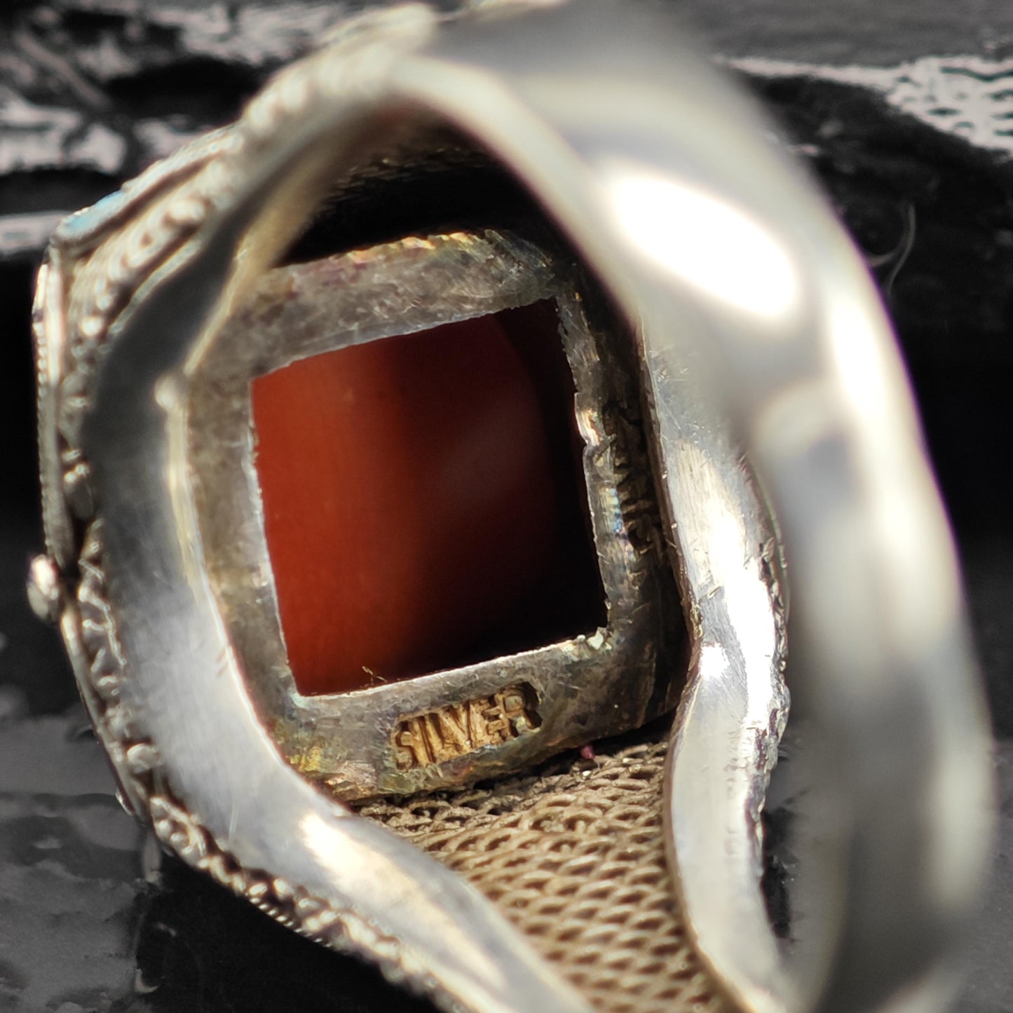 Chinese Export Enamel & Coral Sterling Silver Ring Sz 8 R6721