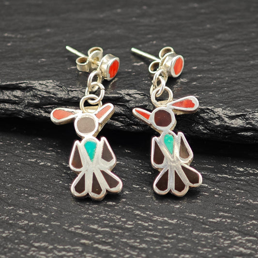 Zuni, Native American Inlay, Turquoise, Coral, Jet Thunderbird Stud/Dangle Earrings Sterling Silver