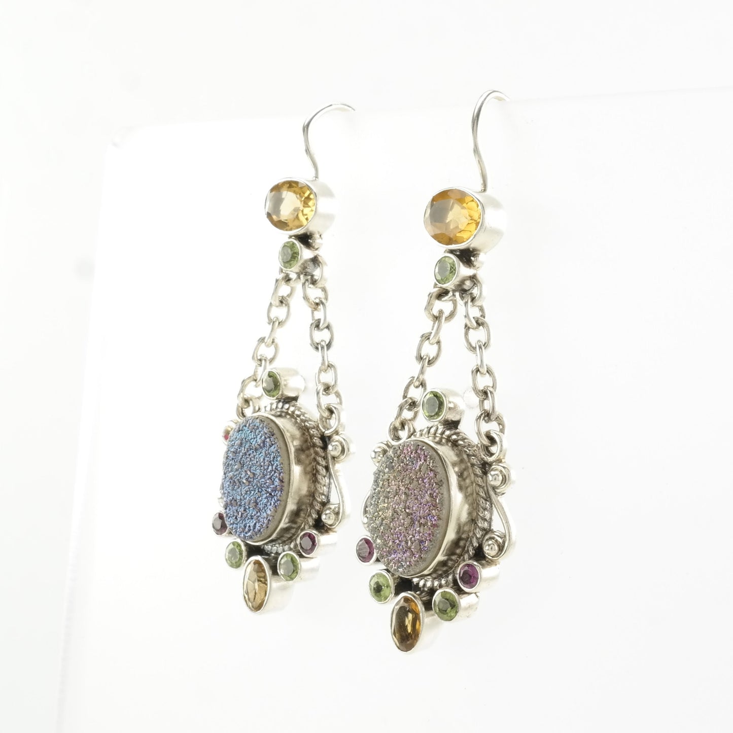 Nicky Butler Sterling Silver Druzy, Citrine, Multi Gem Earrings Fish Hook Dangle