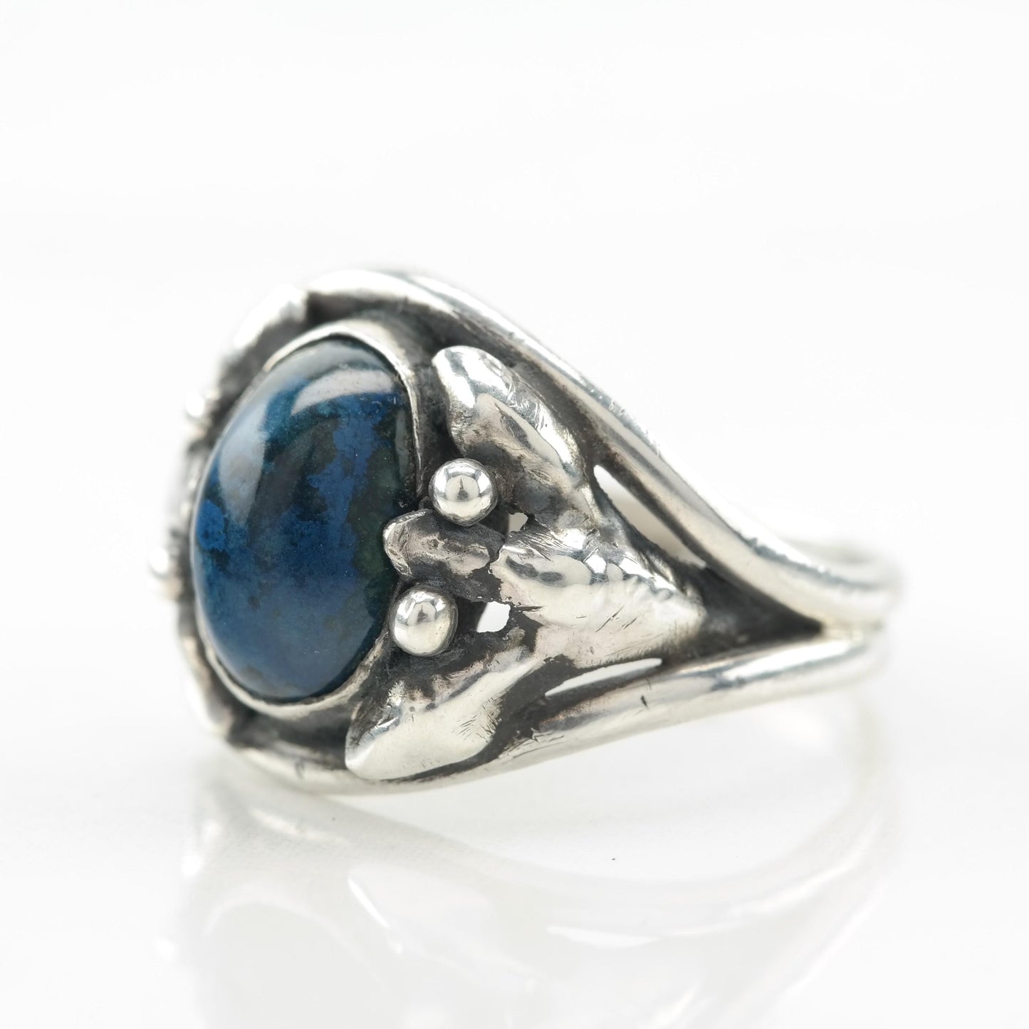 Blue Agate Art Nouveau Silver Ring Sterling Size 6 1/2