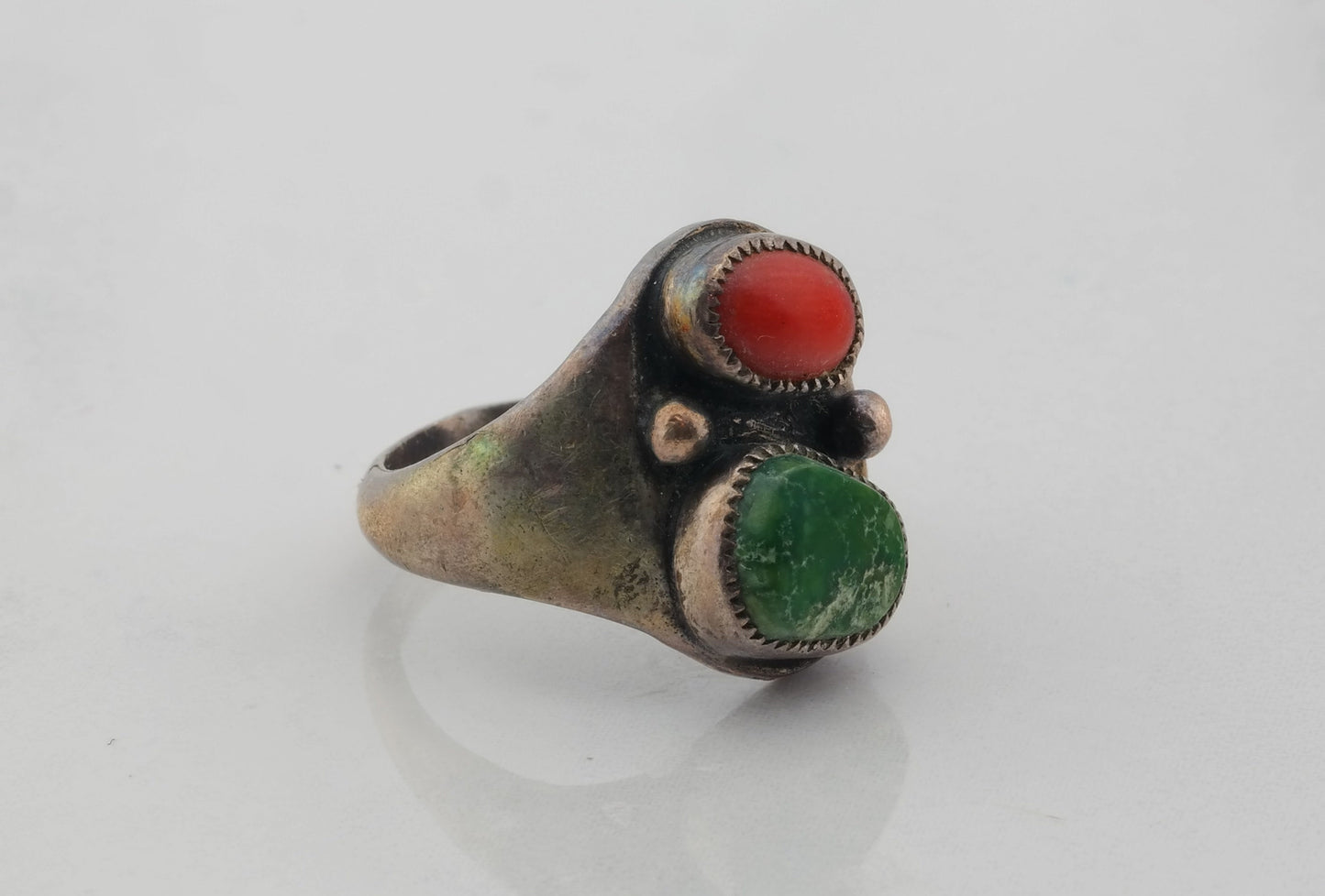 Sterling Silver Ring Cerillos Turquoise Coral Size 6.5