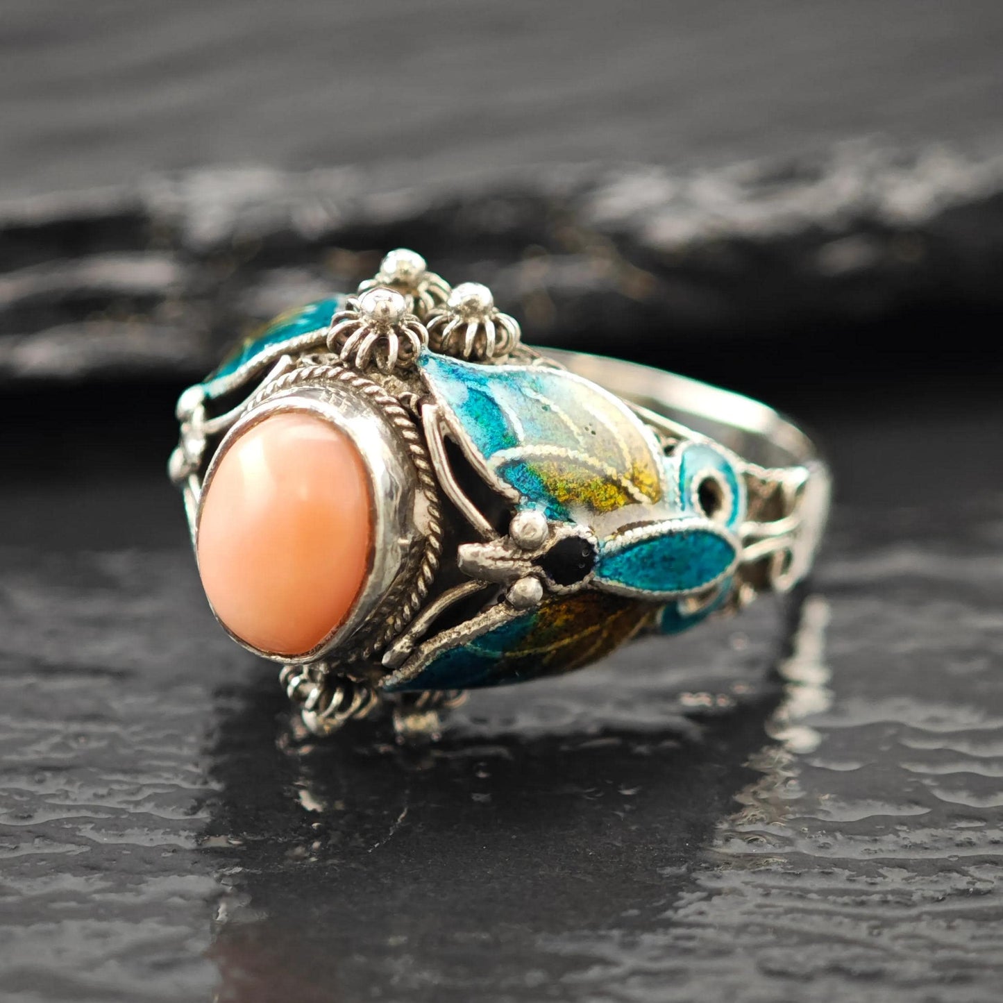 Chinese Export Enamel Butterfly Ring Sterling Silver Size 6