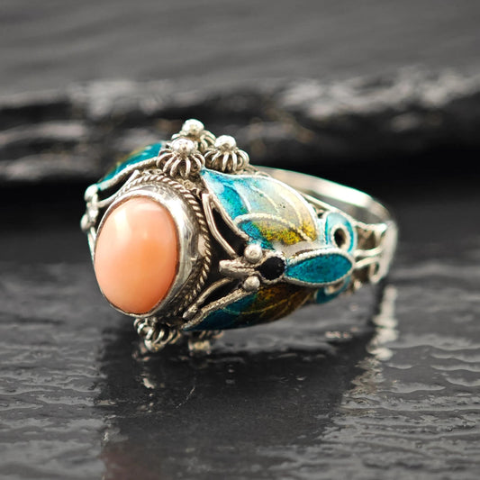 Chinese Export Enamel Butterfly Ring Sterling Silver Size 6