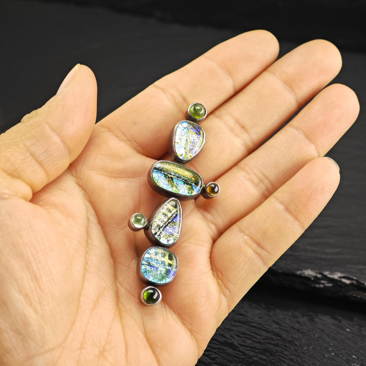 Artisan Dichroic Glass Multicolor Sterling Silver Brooch B2258